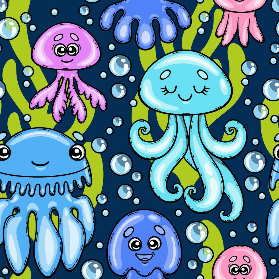 sin costura vistoso modelo con dibujos animados linda medusas en azul antecedentes. gracioso mar animales vector diseño en marina tema. Perfecto para fondo de pantalla, tela, envase papel y otro.