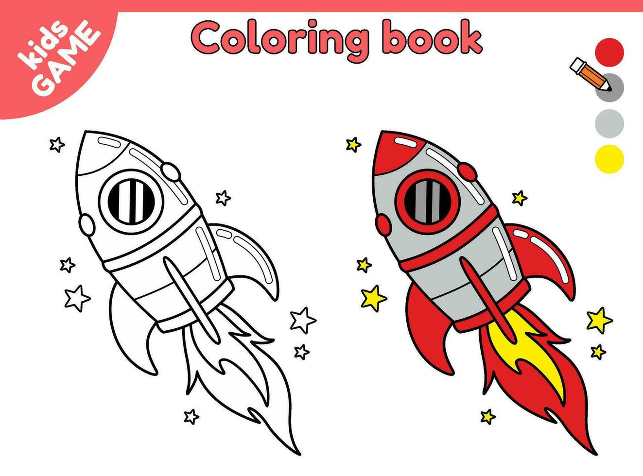 Page of coloring book for kids. Color cartoon cartoon flying spaceship in space. Black and white outline rocket with stars in galaxy. Paint the picture. Puzzle for pastime with children. Vector design