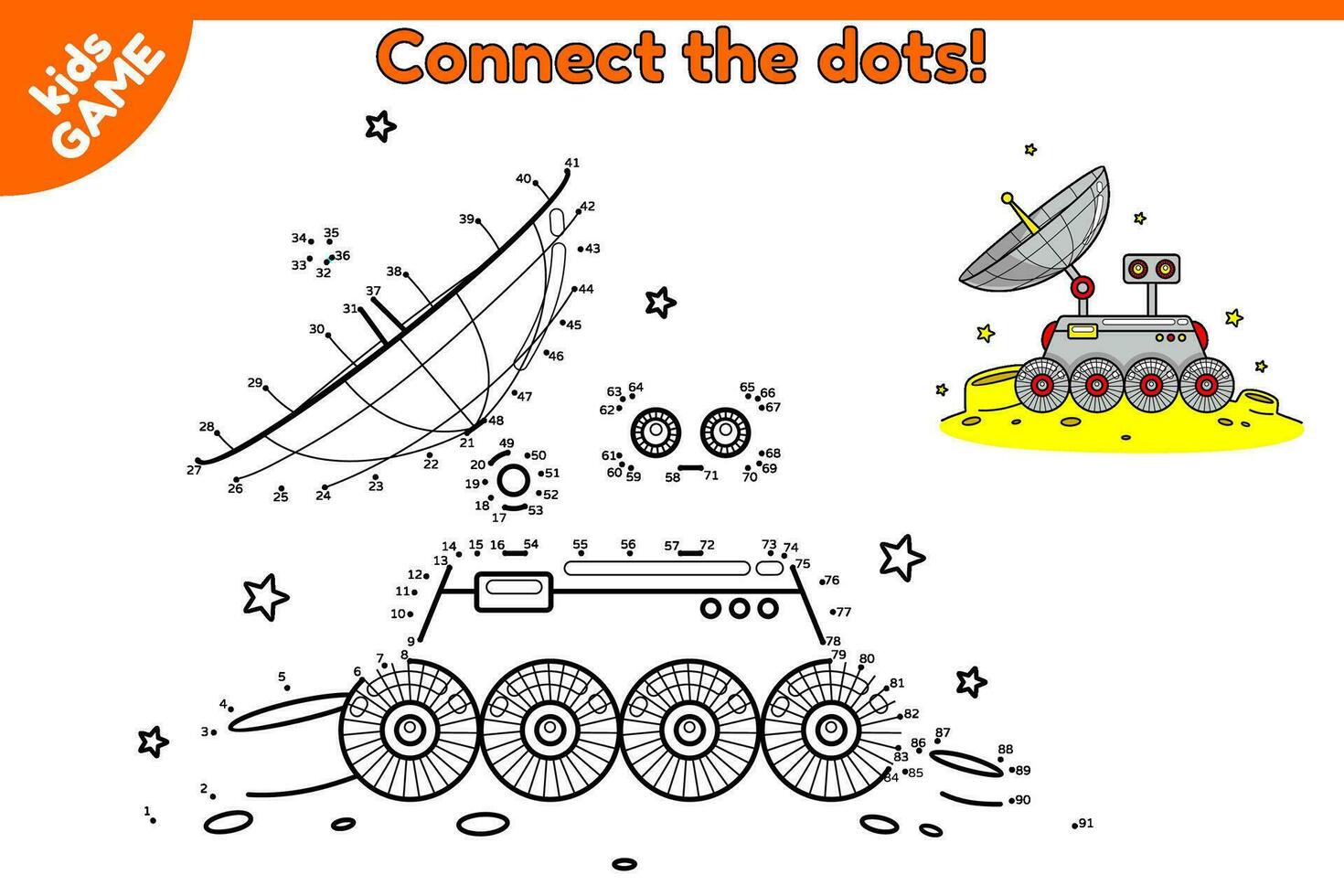 Dot to dot game for children. Connect the dots and draw a cartoon lunar rover on moon in space. Activity book for kids. Educational puzzle for preschool and school education. Vector lunokhod in cosmos