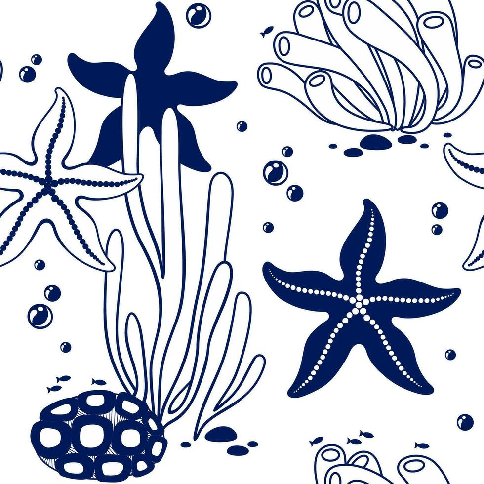 Vector seamless blue pattern with starfish, seaweed and coral. Design on marine theme. Perfect for wallpaper, fabric, textile, wrapping and other.