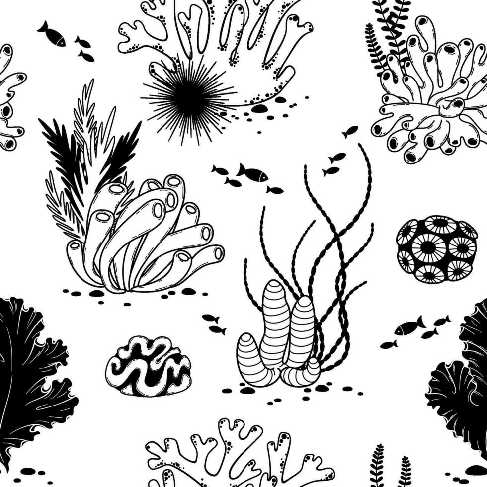 Vector seamless black and white pattern with starfish, seaweed, coral and fish. Sea life. Seabed. Design on marine theme. Perfect for wallpaper, fabric, greetings, invitations, wrapping and other.
