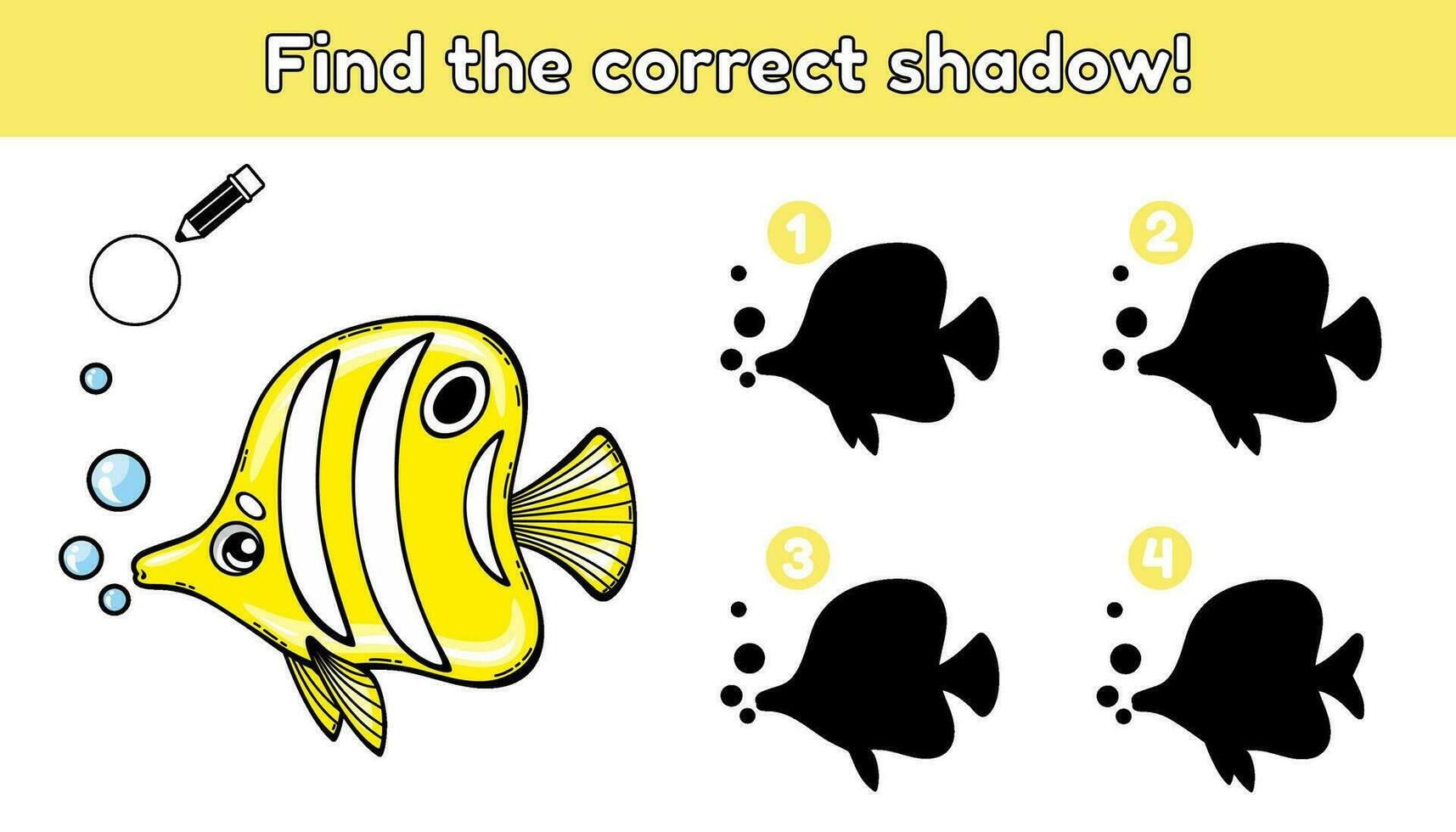 Kids Game. Find the correct shadow. Education puzzle for preschool and school children. Page of activity book. Cartoon yellow fish in sea. Cute underwater creature. Vector illustration of ocean animal