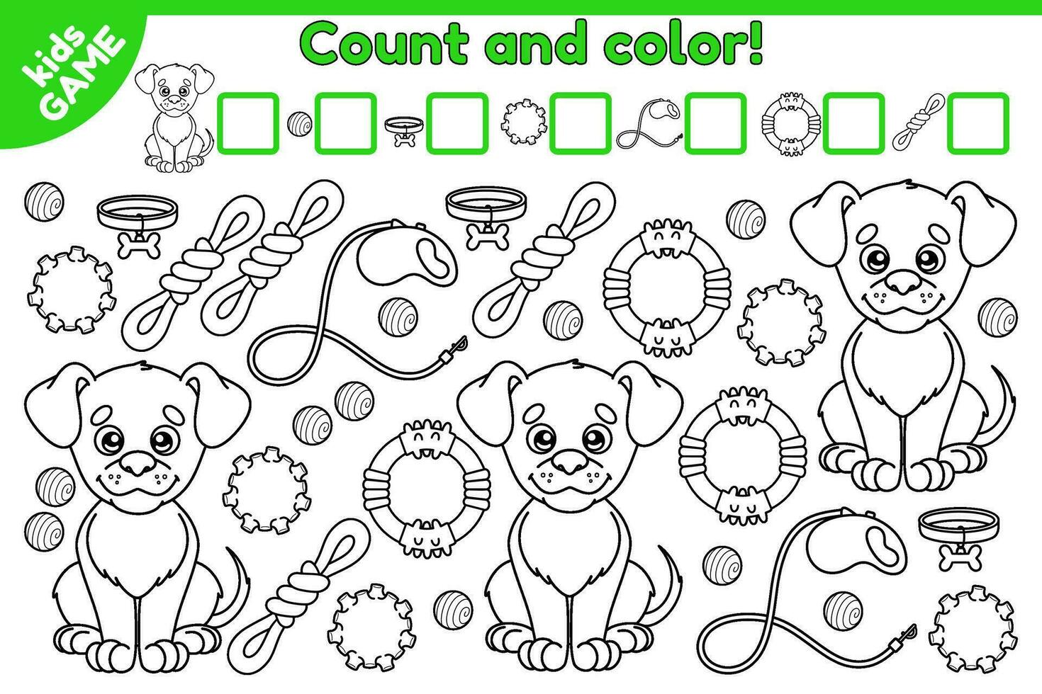 Math exercises for the study of numbers. Counting game for kids. Find, count and color. Coloring page with cartoon dog and dog accessories. Printable worksheet for children. Vector illustration.