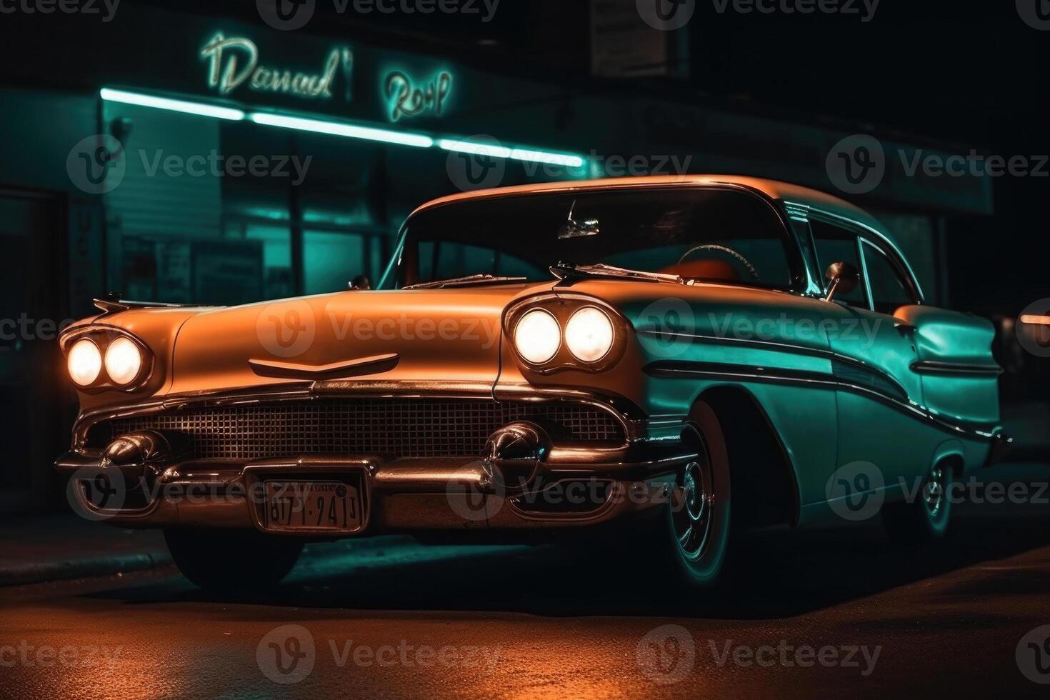 Illuminated retro classic car at night. photo