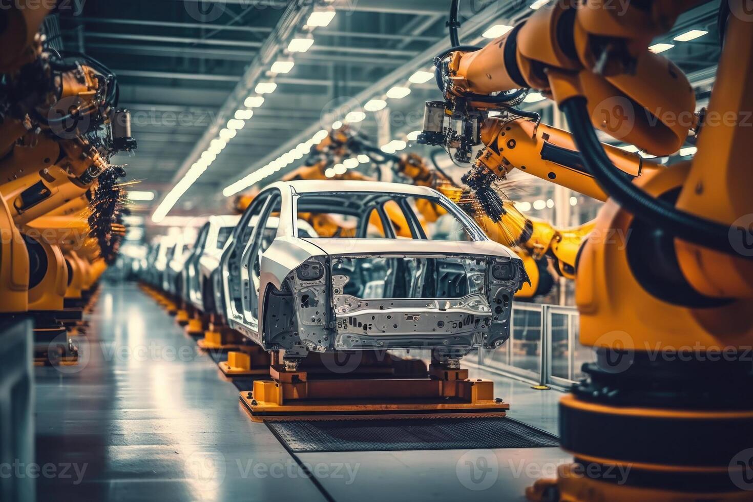 Car factory with robotic arms at assembly line. photo