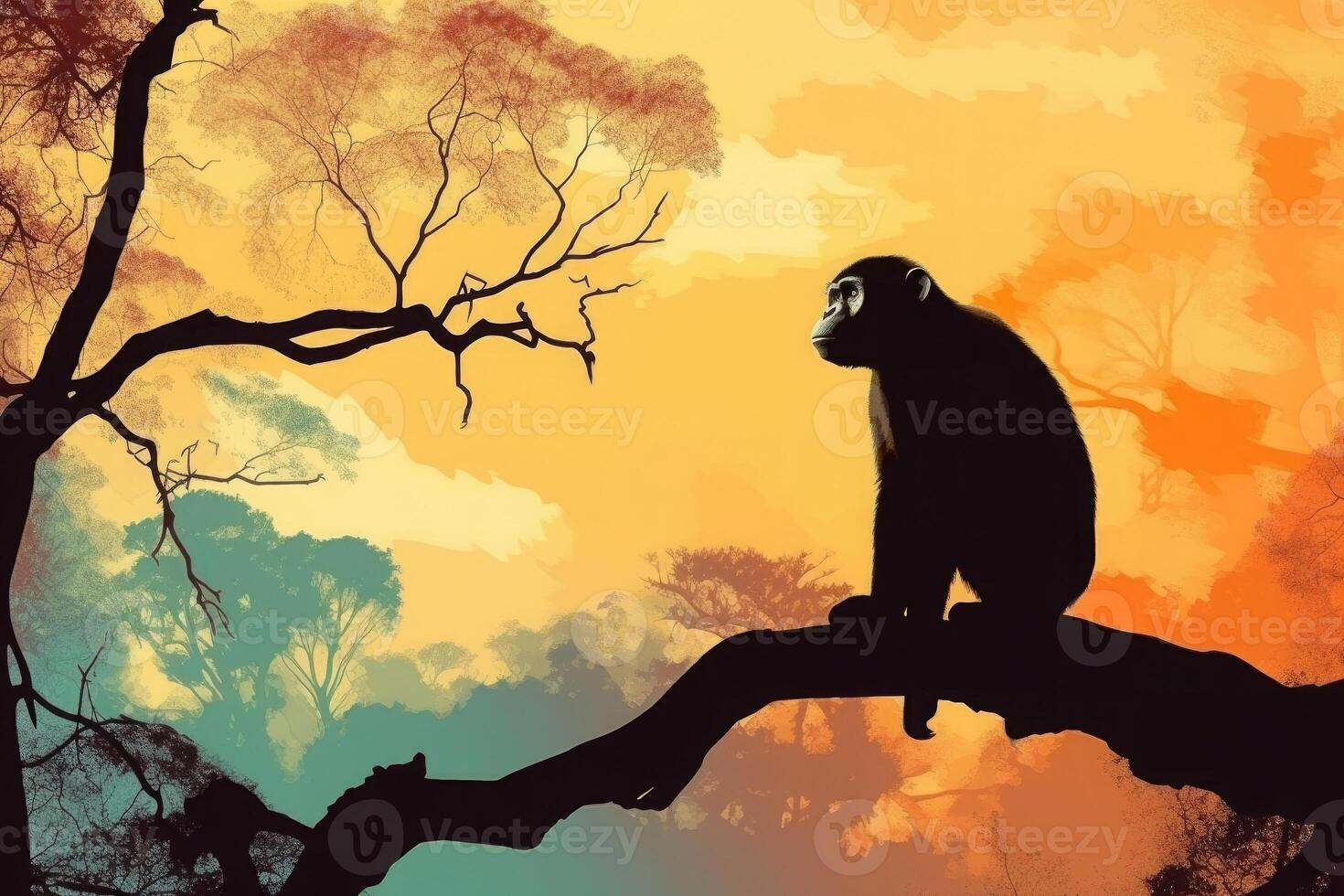 Silhouette of monkey at sunset. Animal in wild nature. photo