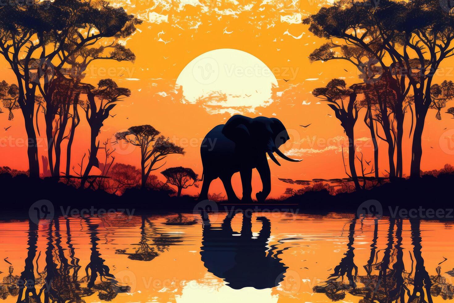 Silhouette of african animals. Elephant at sunset near trees. photo