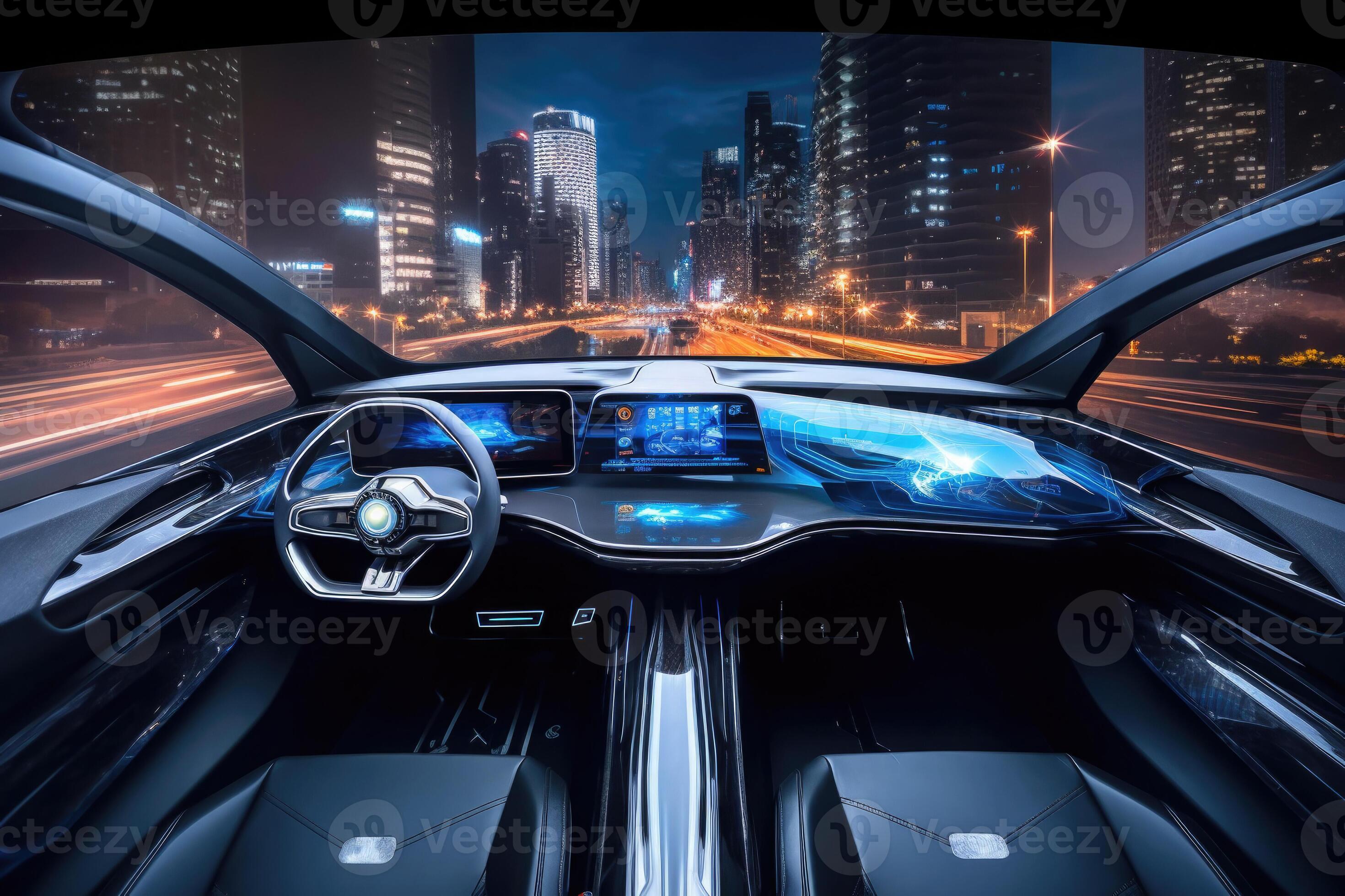 Futuristic autonomous vehicle cockpit. Car digital dashboard ...