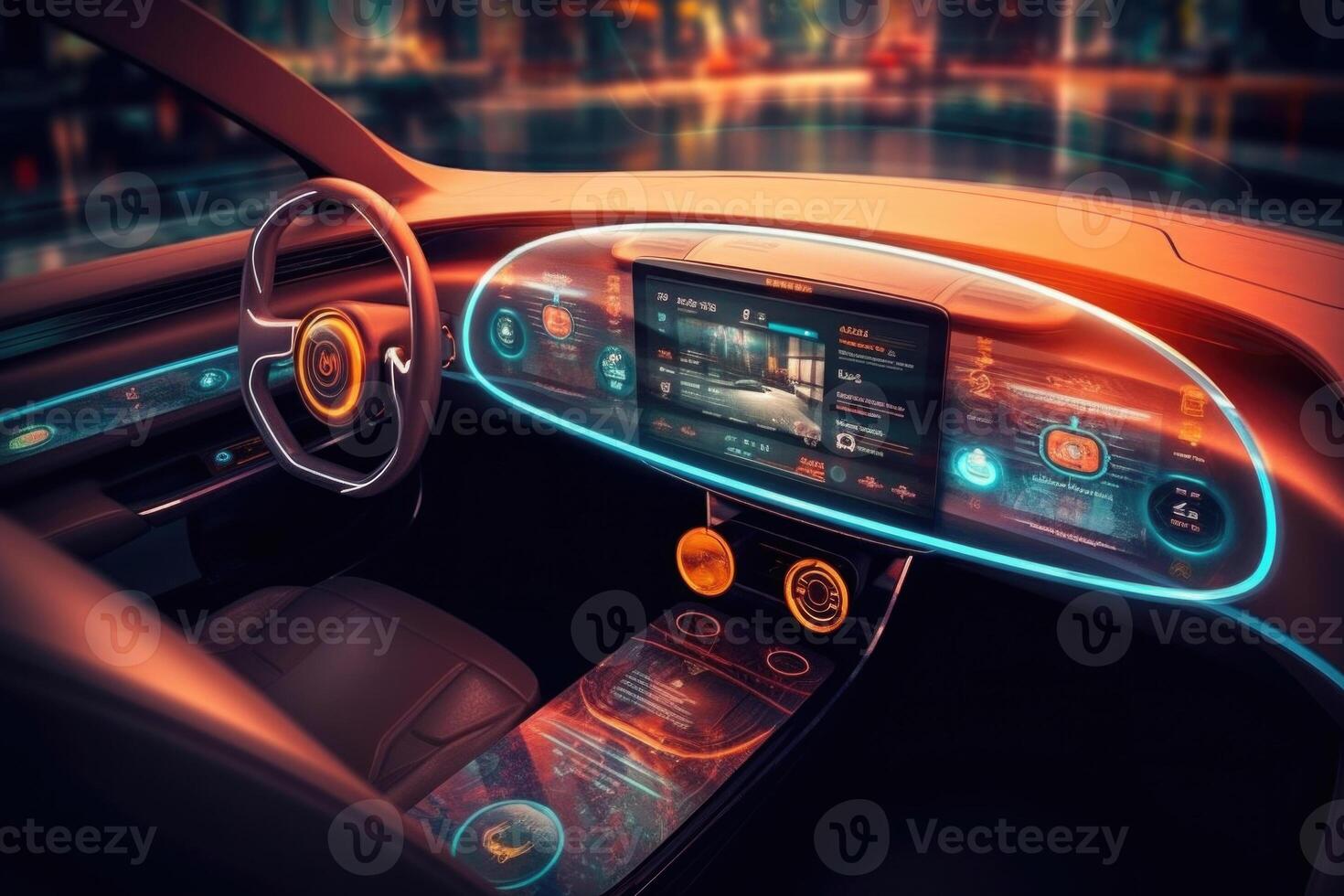 Futuristic autonomous vehicle cockpit. Car digital dashboard. photo