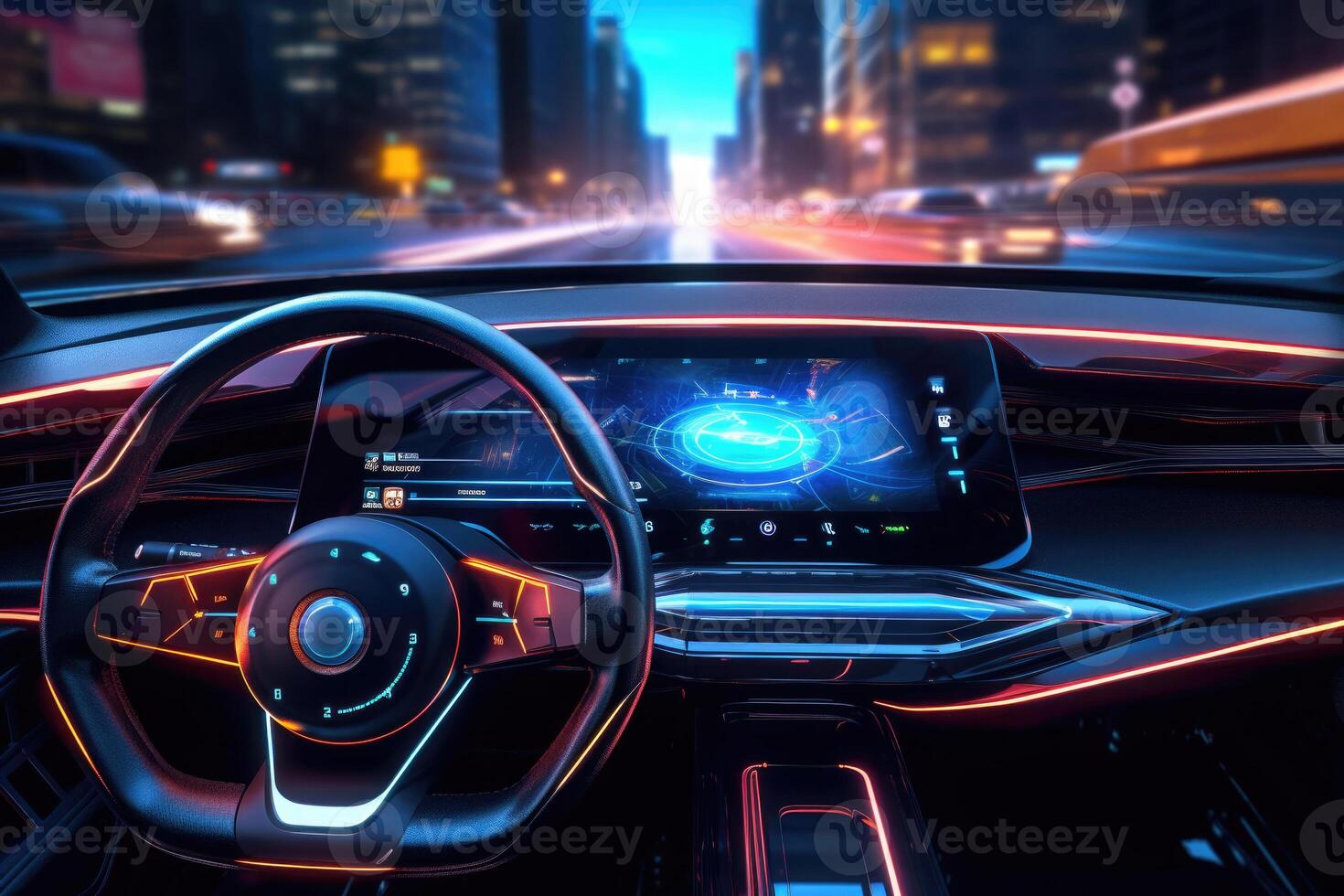Futuristic autonomous vehicle cockpit. Car digital dashboard. photo