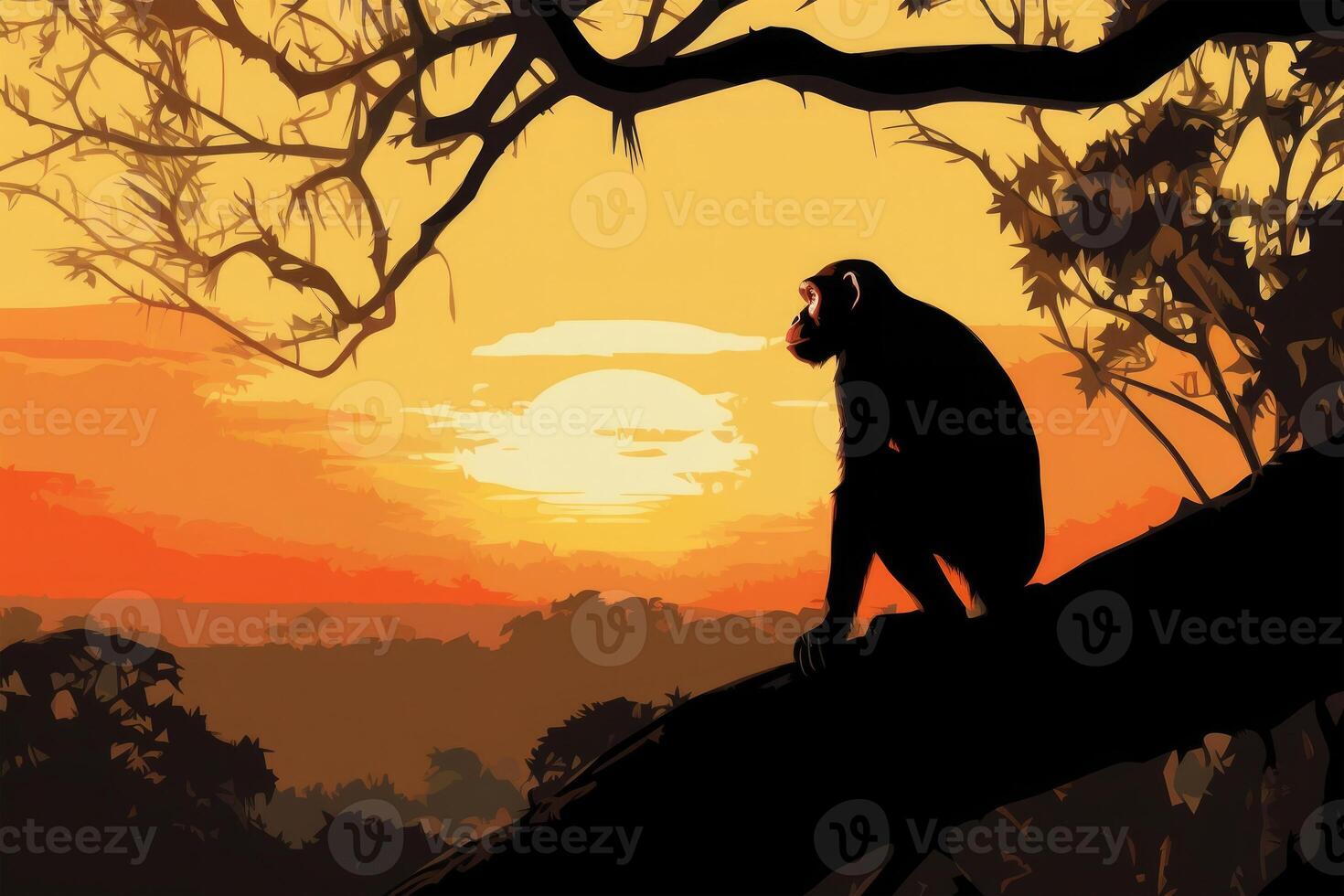 Silhouette of monkey at sunset. Animal in wild nature. photo