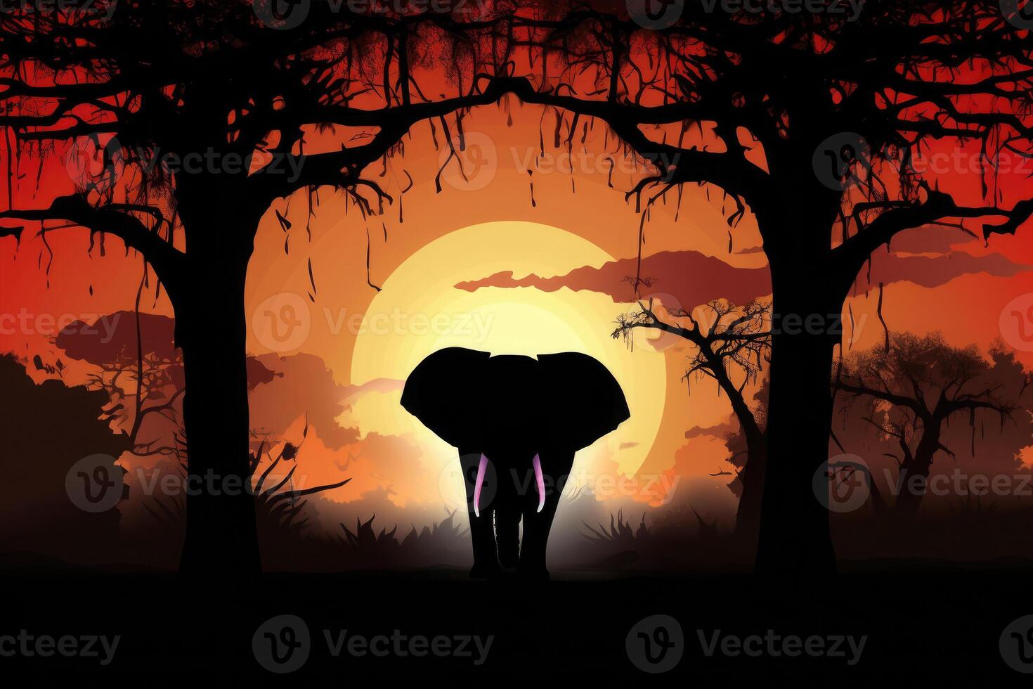 Silhouette of african animals. Elephant at sunset near trees. photo