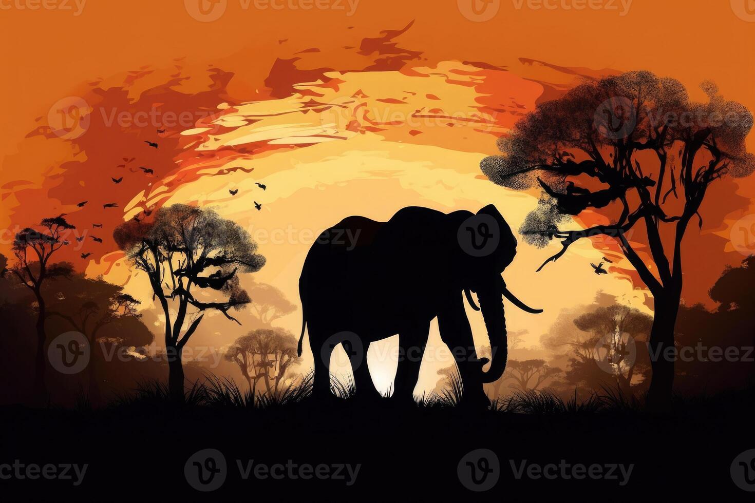 Silhouette of african animals. Elephant at sunset near trees. photo