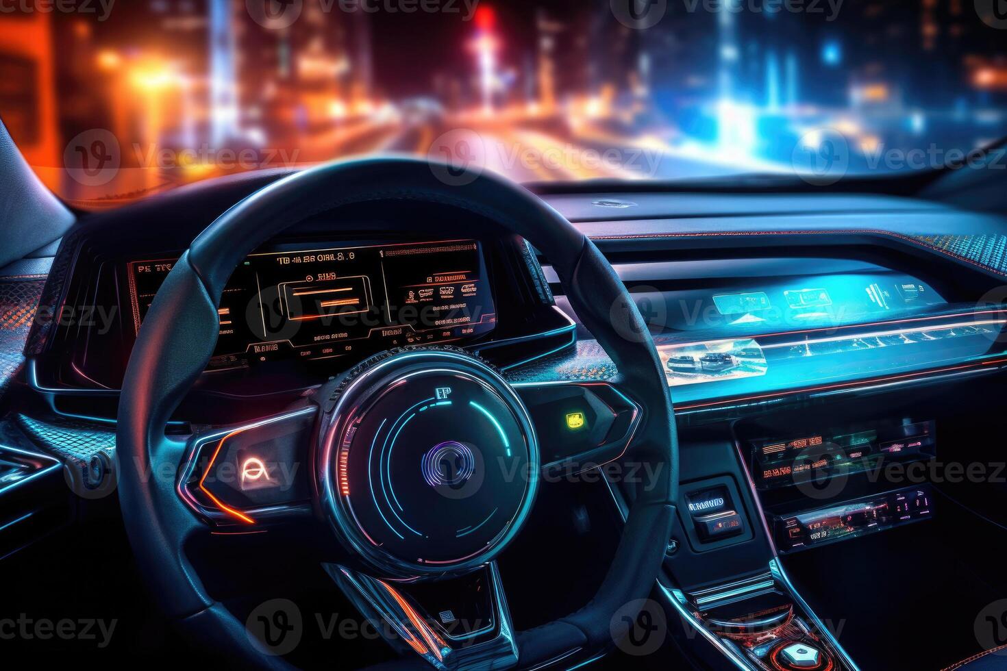 Futuristic autonomous vehicle cockpit. Car digital dashboard. photo