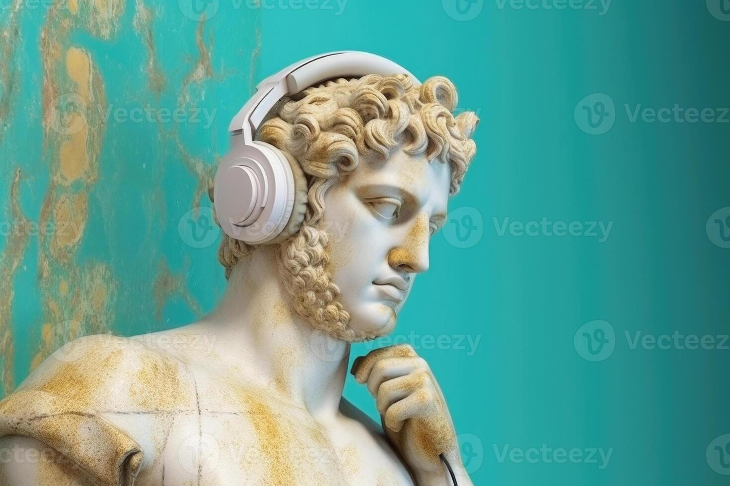 Gypsum statue in headphones on colored abstract background. photo