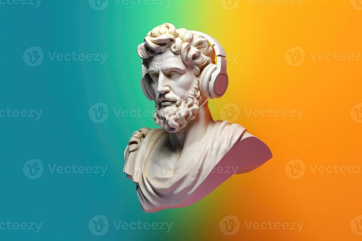 Gypsum statue in headphones on colored abstract background. photo