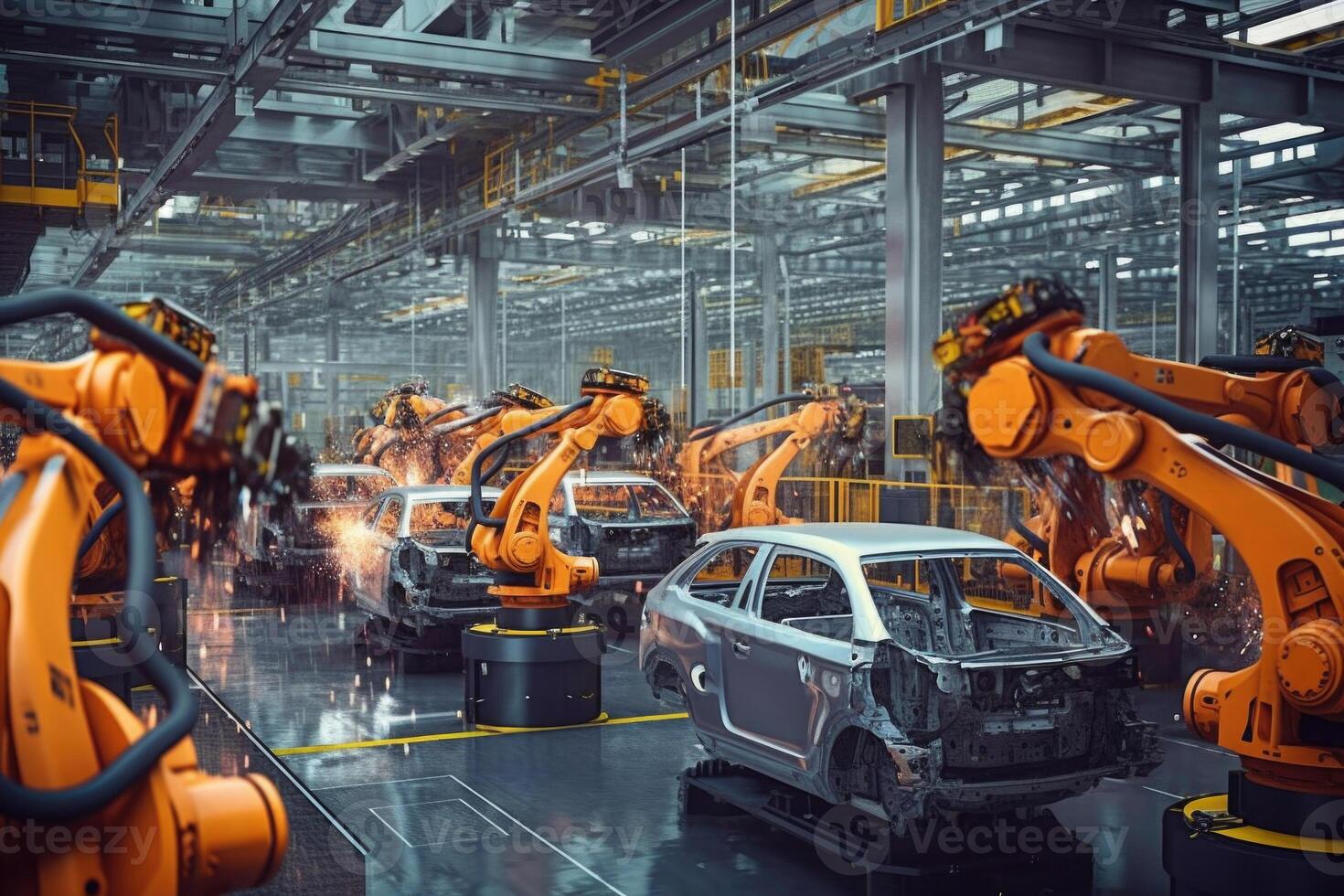 Car factory with robotic arms at assembly line. photo