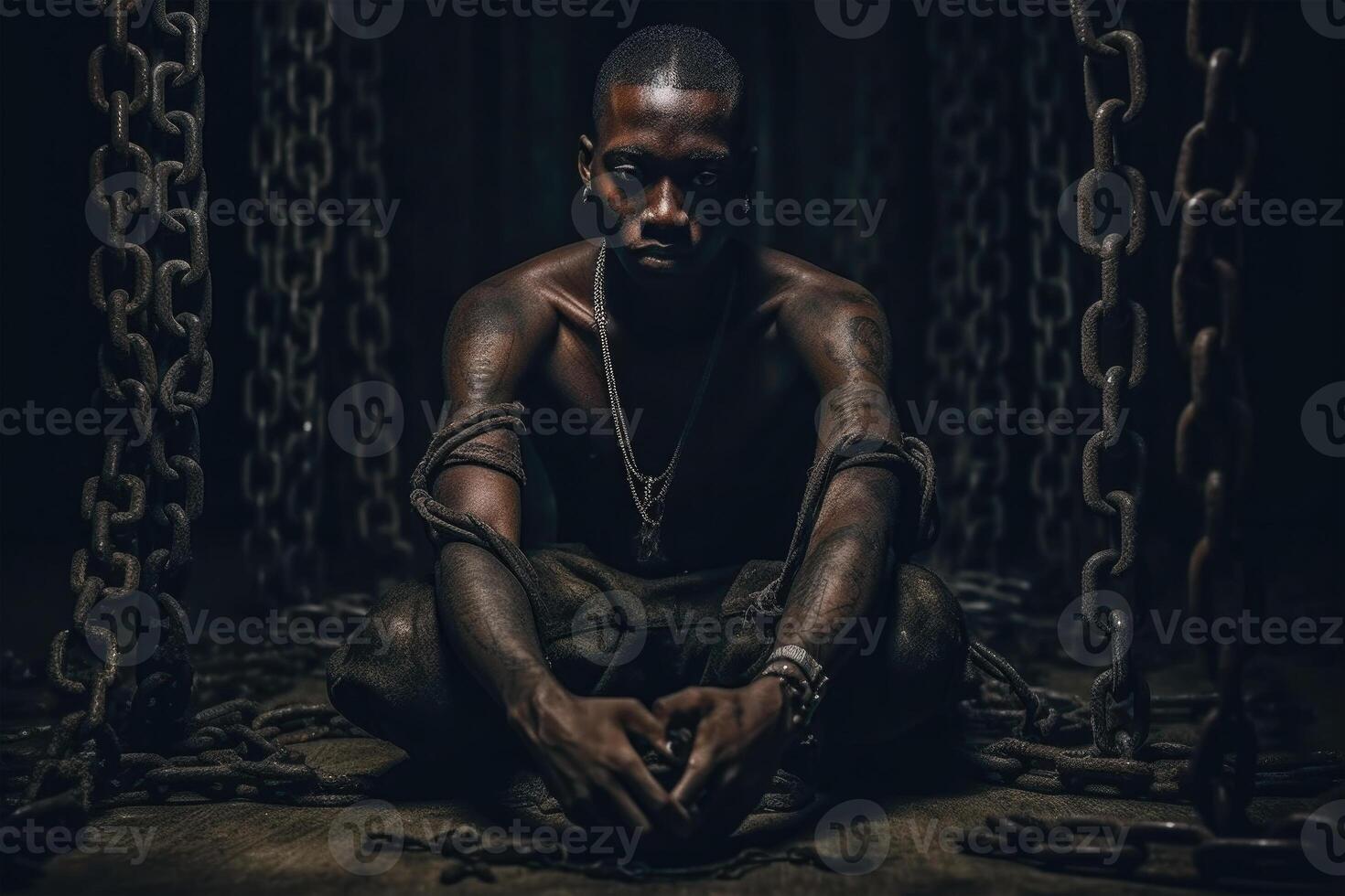 Male prisoner in chain. Slavery concept. photo
