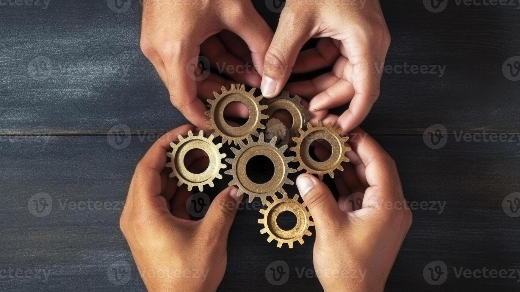 Concept of teamwork. People hold cog wheels in hands. photo