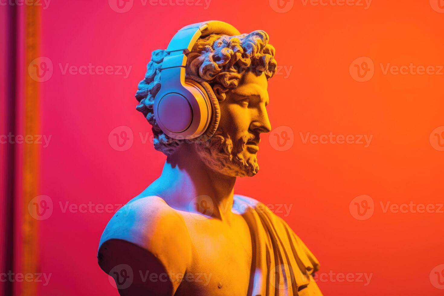 Gypsum statue in headphones on colored abstract background. photo
