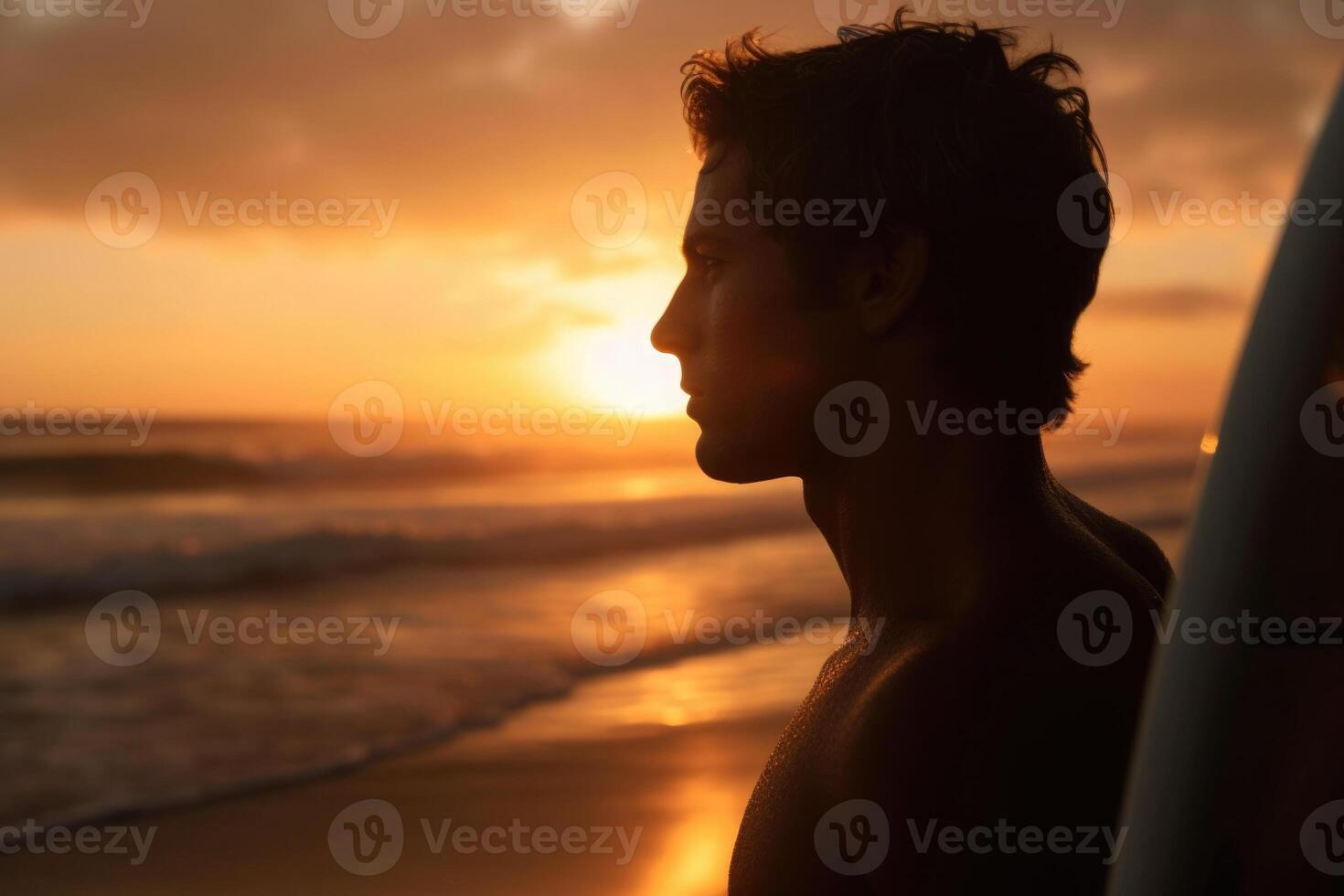 Man with surfboard on sea beach at sunset. Generative AI photo