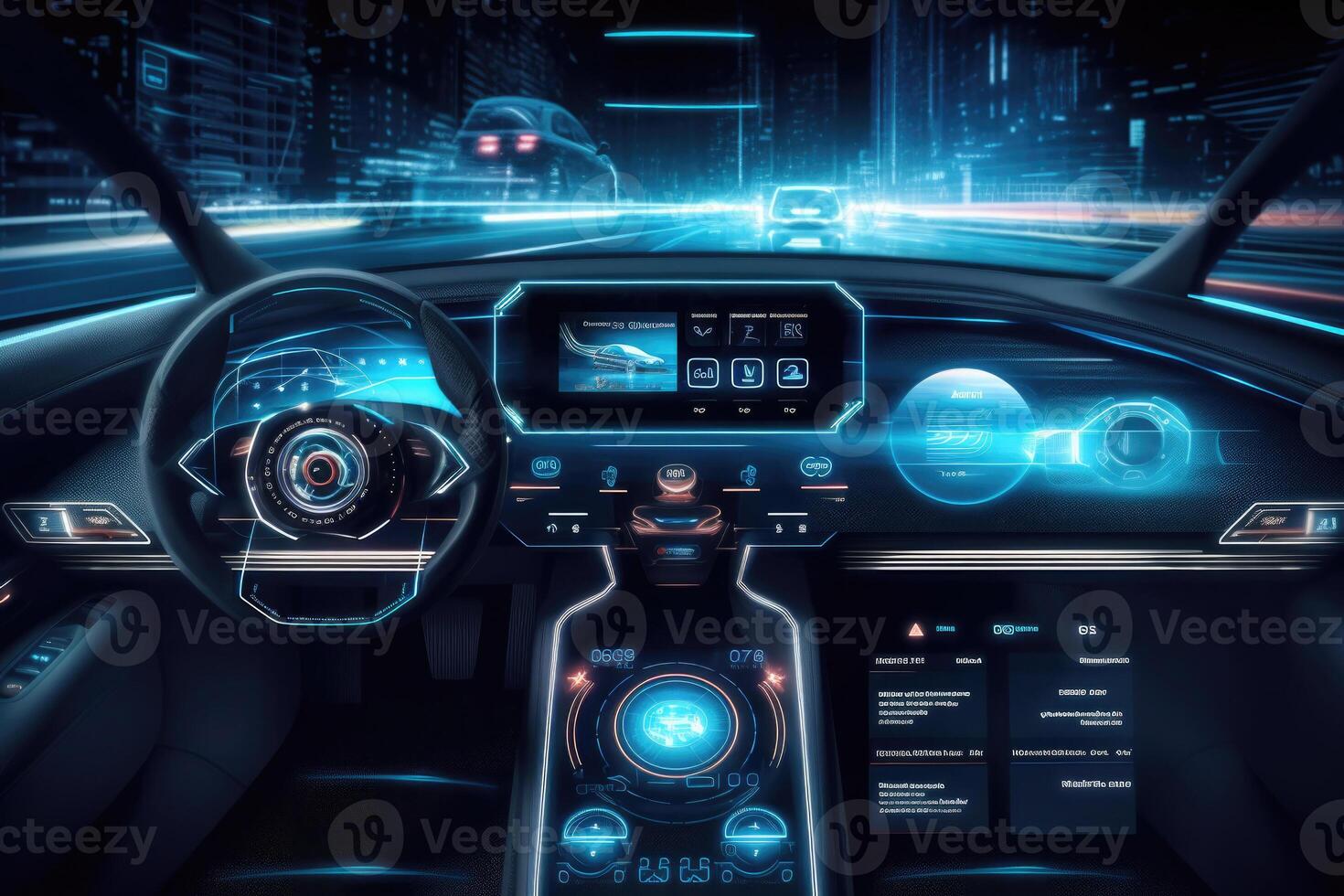 Futuristic autonomous vehicle cockpit. Car digital dashboard. photo