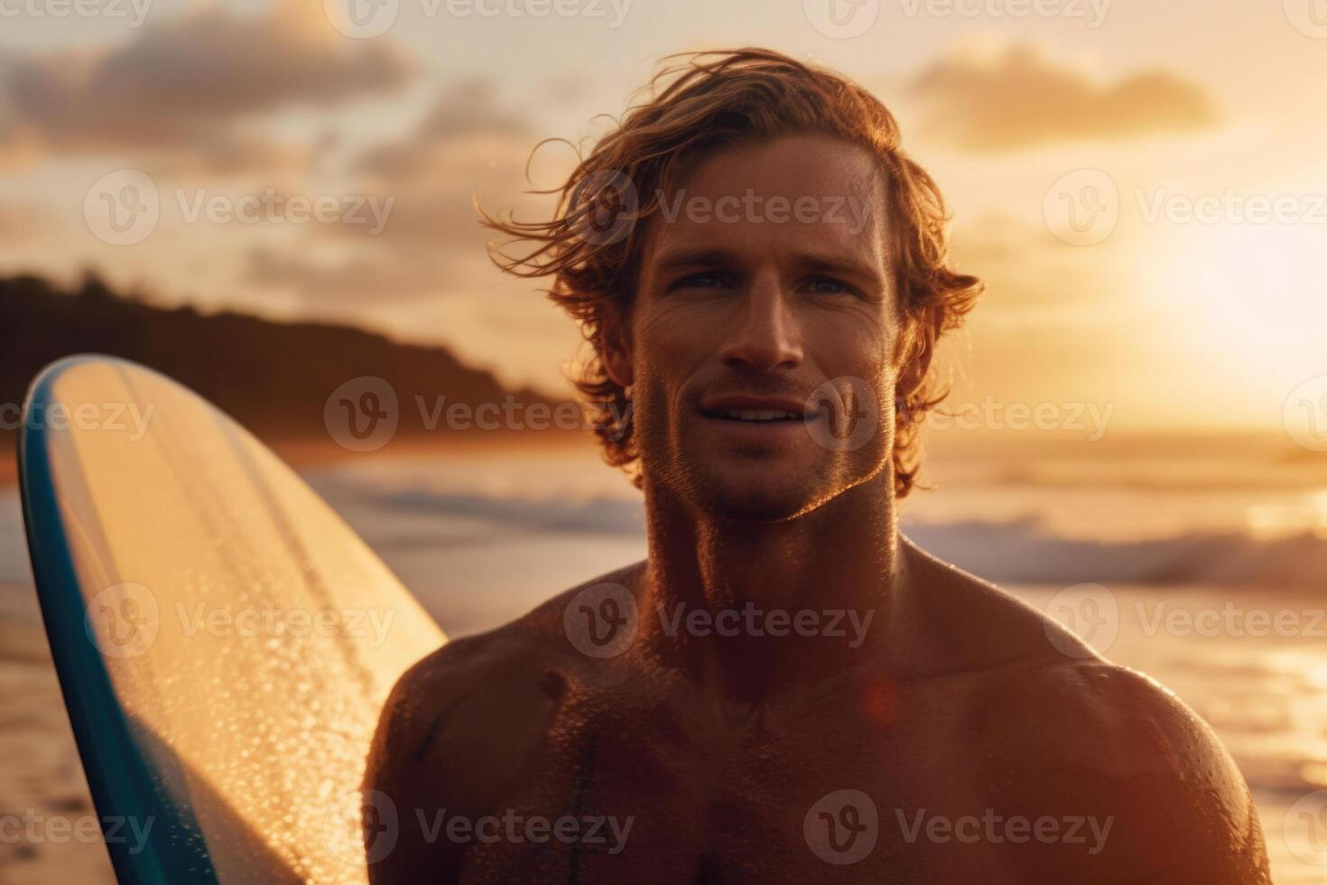 Man with surfboard on sea beach at sunset. Generative AI photo