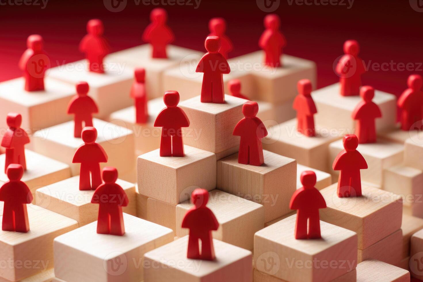 Small people figures on wooden cubes. Teamwork and development. photo