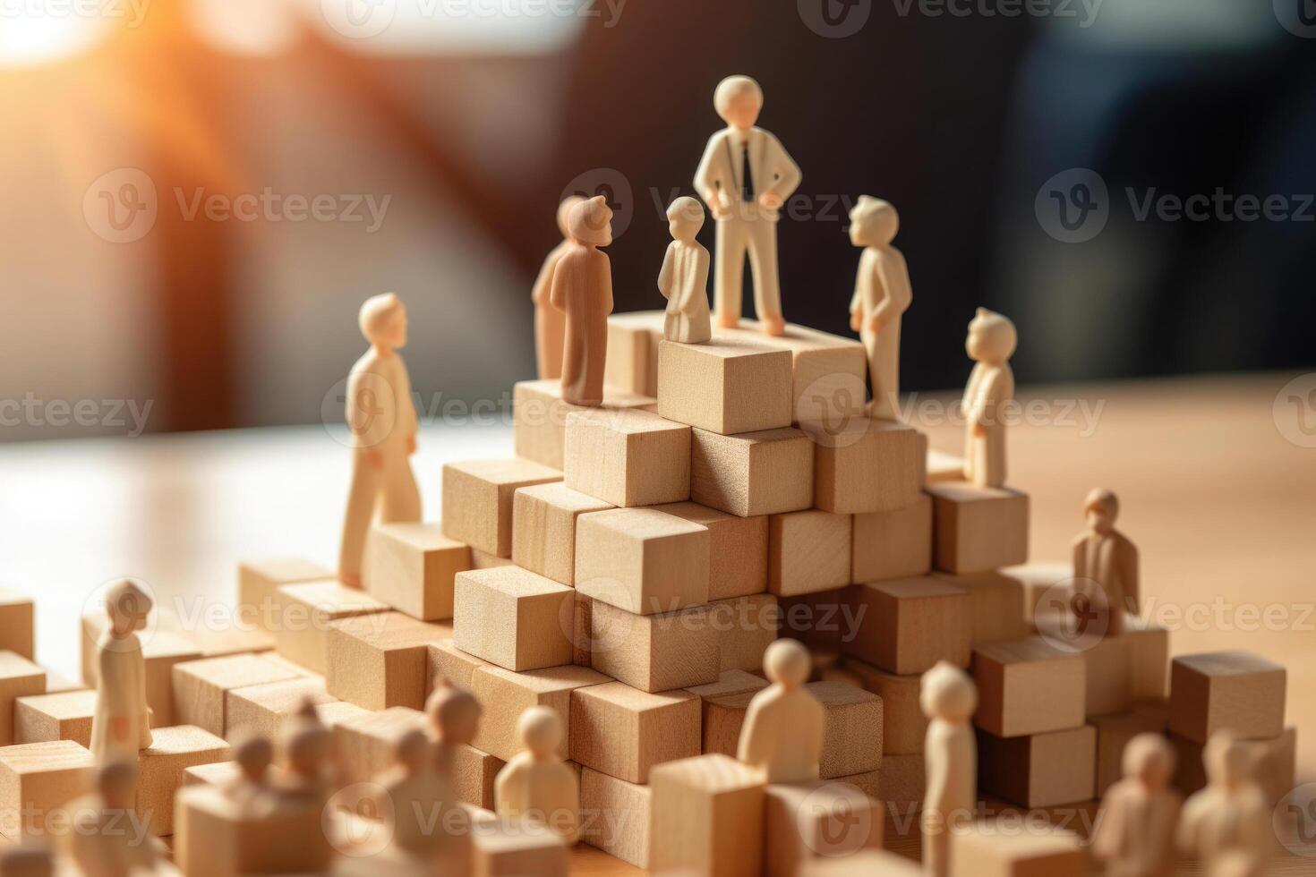 Small people figures on wooden cubes. Teamwork and development. photo