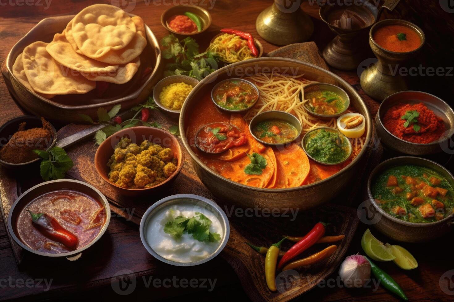 Traditional Indian dishes, above view. Generative AI photo