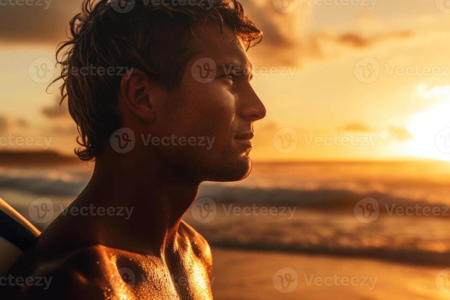 Man with surfboard on sea beach at sunset. photo