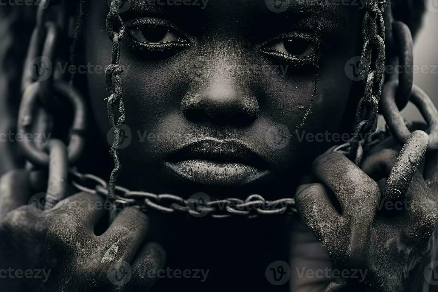 Male prisoner in chain. Slavery concept. Generative AI photo