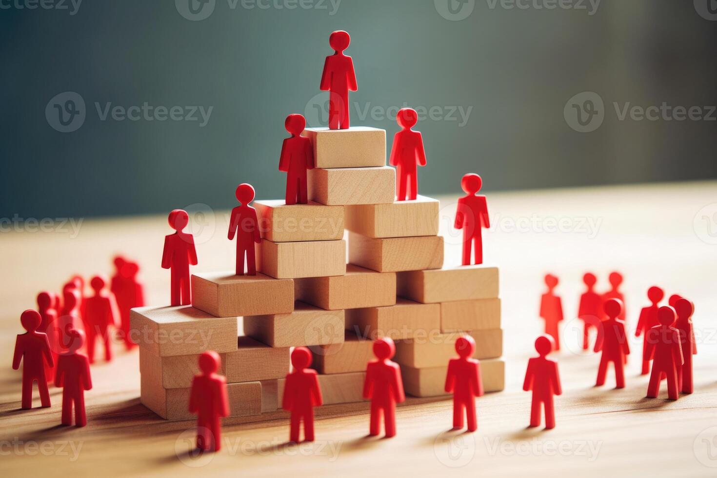 Small people figures on wooden cubes. Teamwork and development. photo