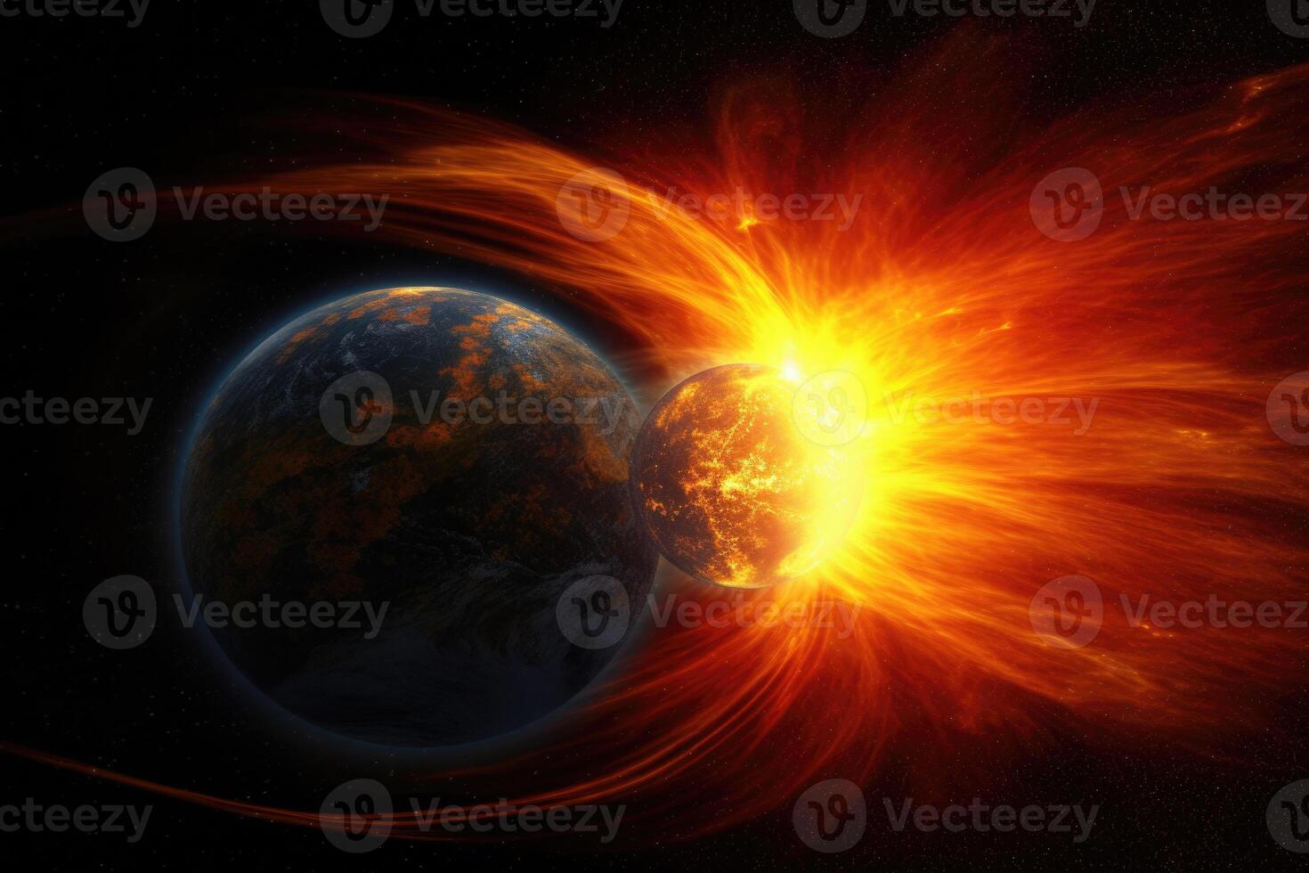 Planet near star in outer space. Solar wind and radiation. photo