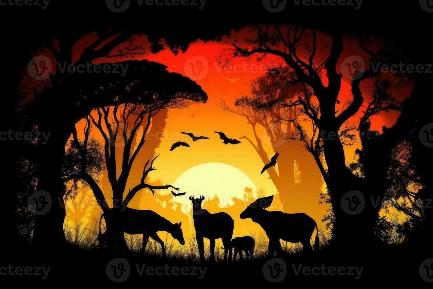 Deer silhouettes at sunset. Wild animal in natural landscape. Generative AI photo