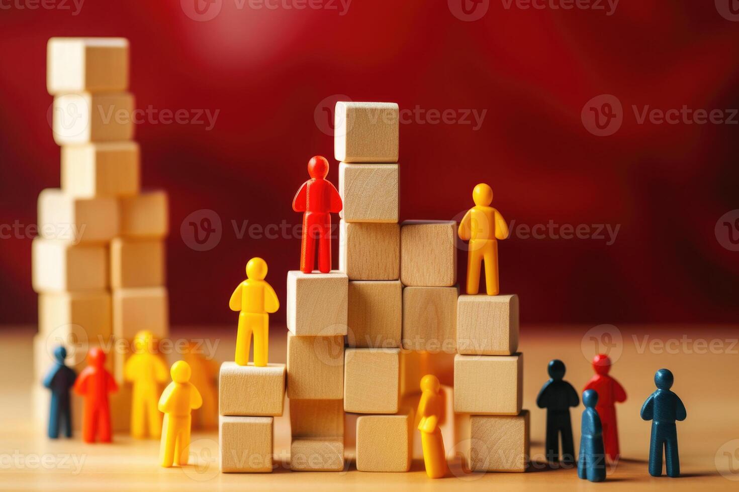 Small people figures on wooden cubes. Teamwork and development. photo