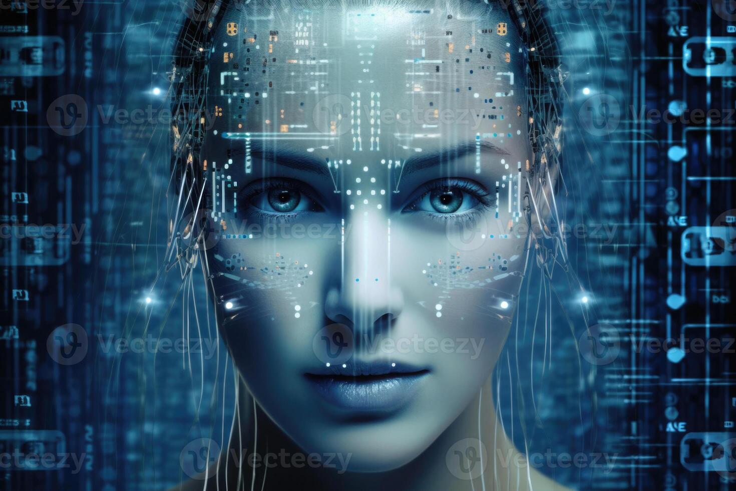 Digital female face hologram on futuristic background. photo