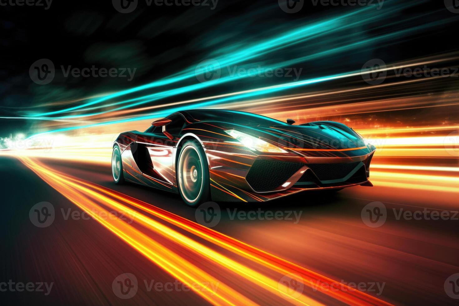 Futuristic sport car at road with motion blur light effect. photo