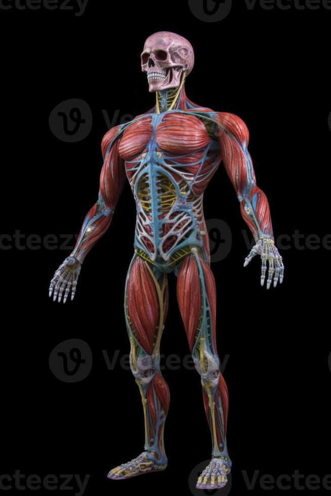Anatomical human body with muscular and circulatory systems. photo