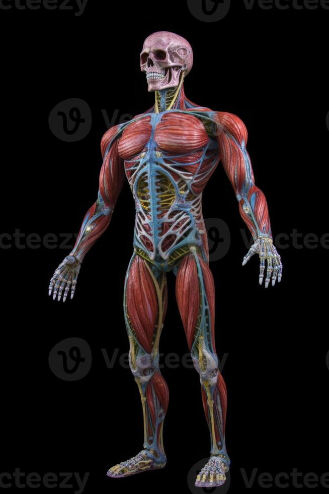 anatómico humano cuerpo con muscular y circulatorio sistemas generativo ai foto