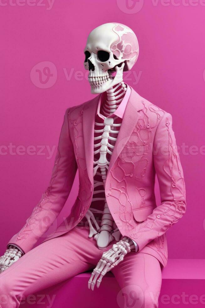 Glamour portrait of male skeleton in pink suit. Generative AI photo