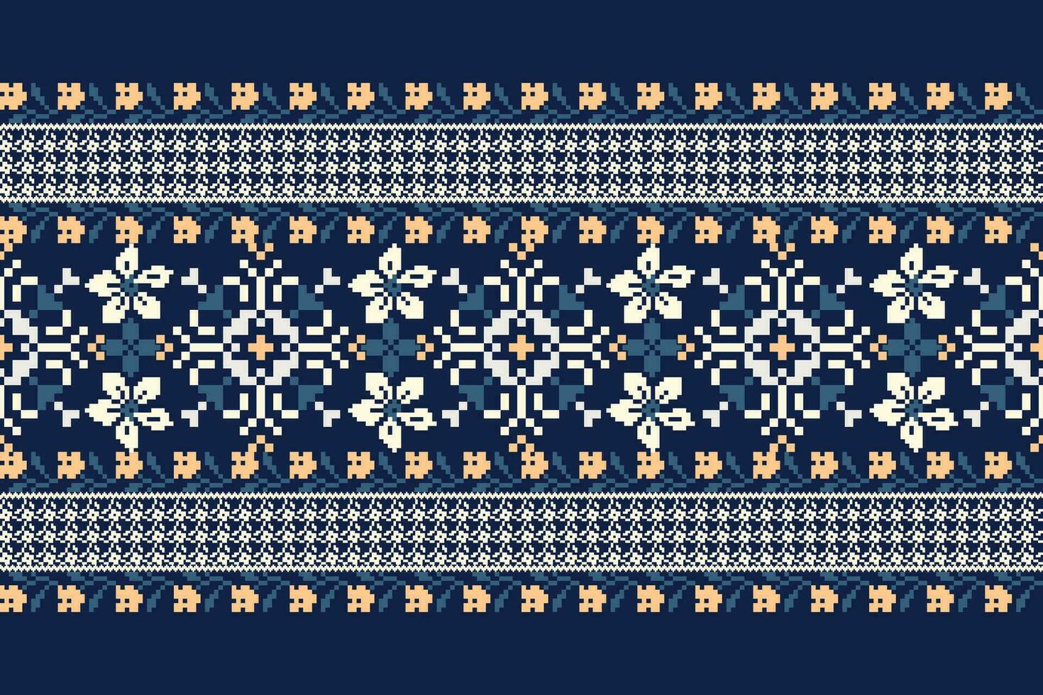 Floral Cross Stitch Embroidery on navy blue background.geometric ethnic oriental pattern traditional.Aztec style abstract vector illustration.design for texture,fabric,clothing,wrapping,decoration.