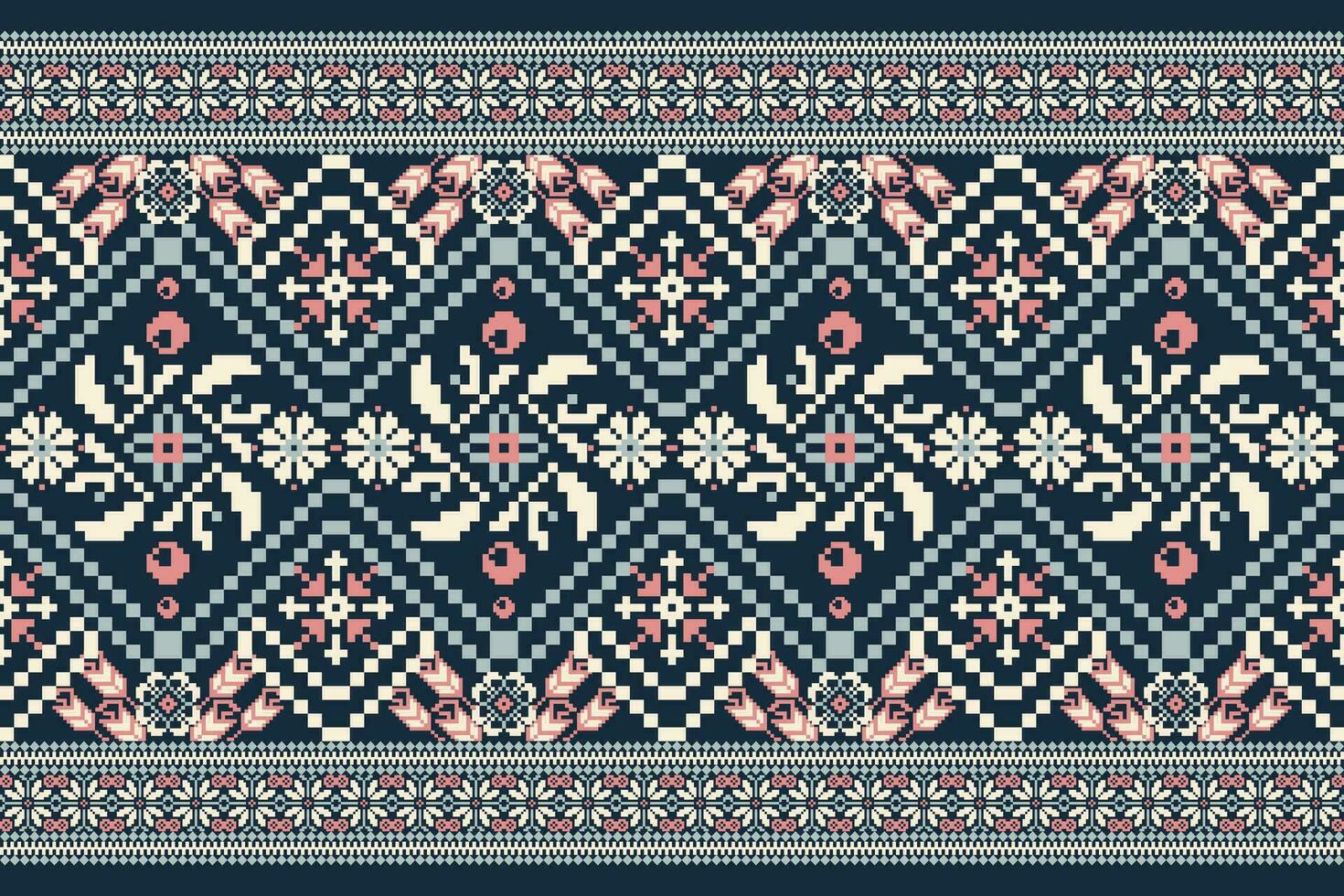 Floral Cross Stitch Embroidery on navy blue background.geometric ethnic oriental pattern traditional.Aztec style abstract vector illustration.design for texture,fabric,clothing,wrapping,decoration.