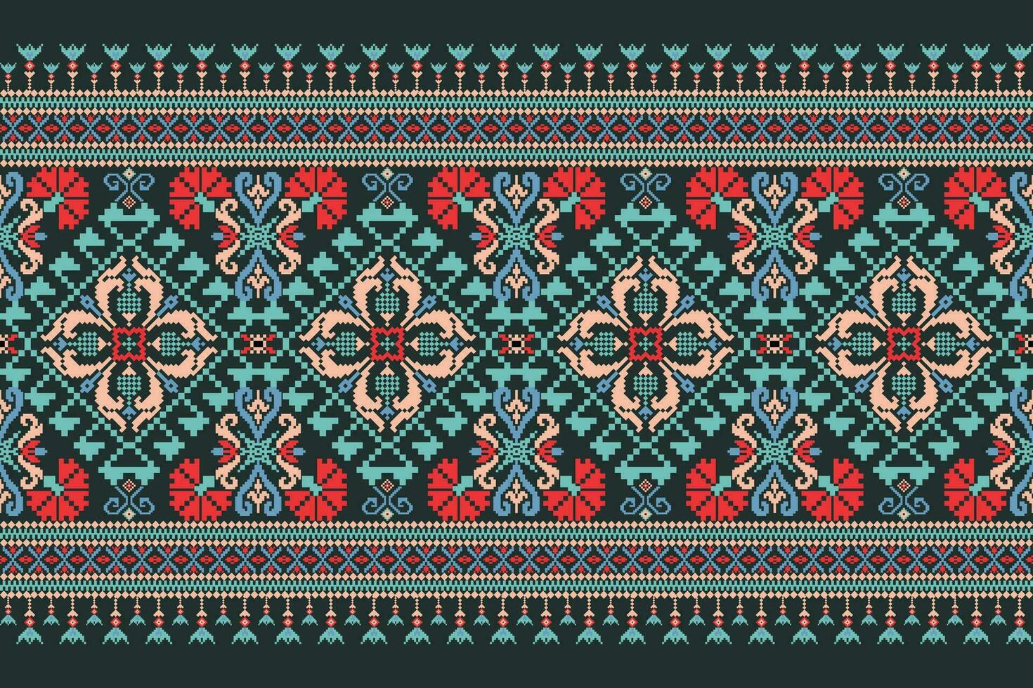 Floral Cross Stitch Embroidery on dark green background.geometric ethnic oriental pattern traditional.Aztec style abstract vector illustration.design for texture,fabric,clothing,wrapping,decoration.
