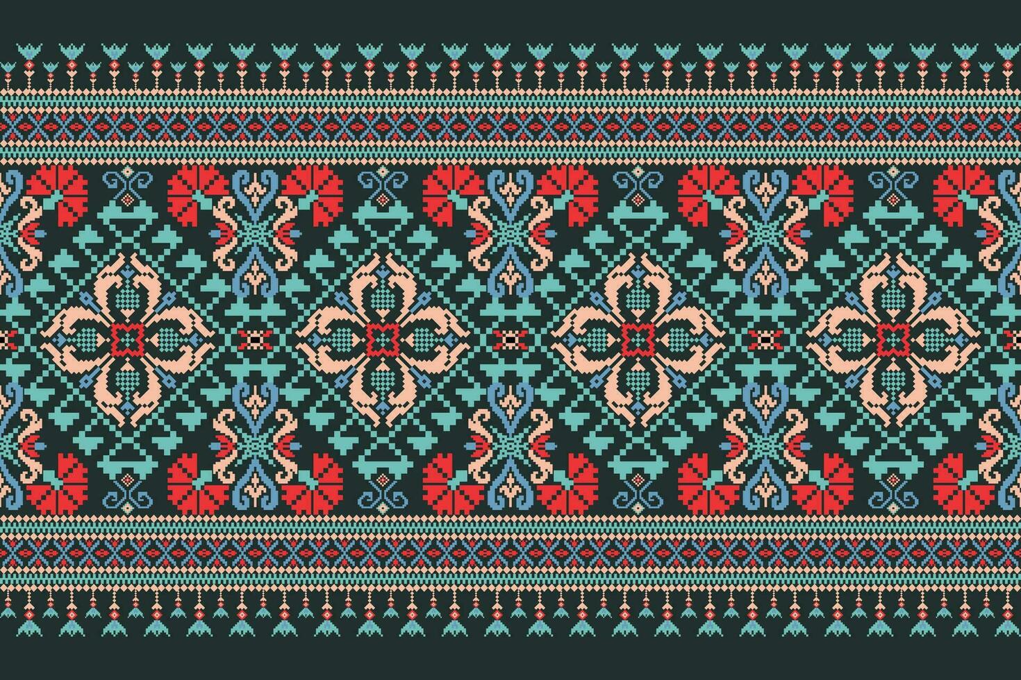 Floral Cross Stitch Embroidery on dark green background.geometric ethnic oriental pattern traditional.Aztec style abstract vector illustration.design for texture,fabric,clothing,wrapping,decoration.