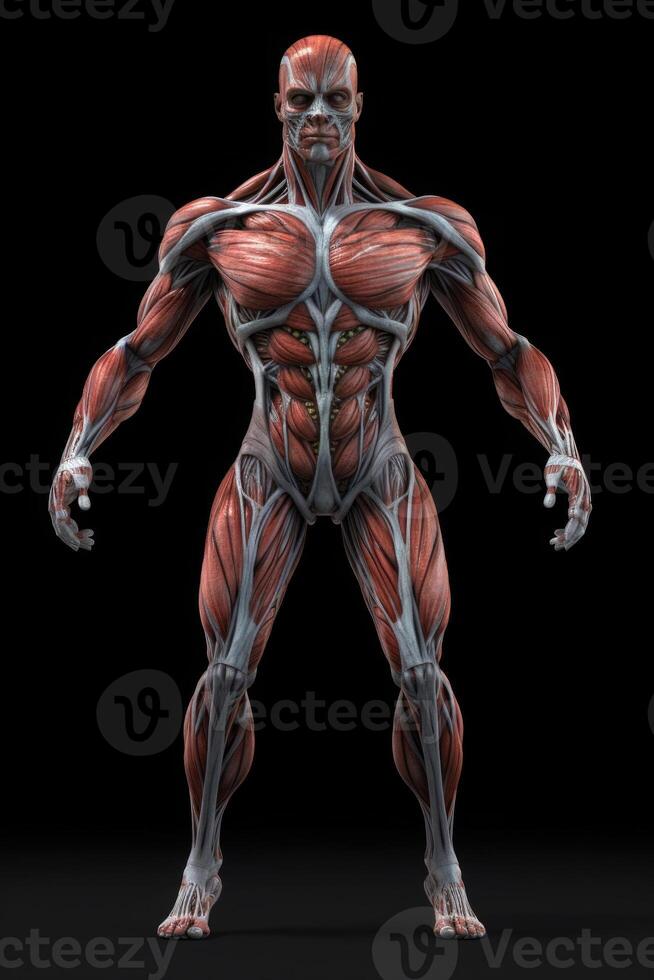 Anatomical human body with muscular and circulatory systems. photo
