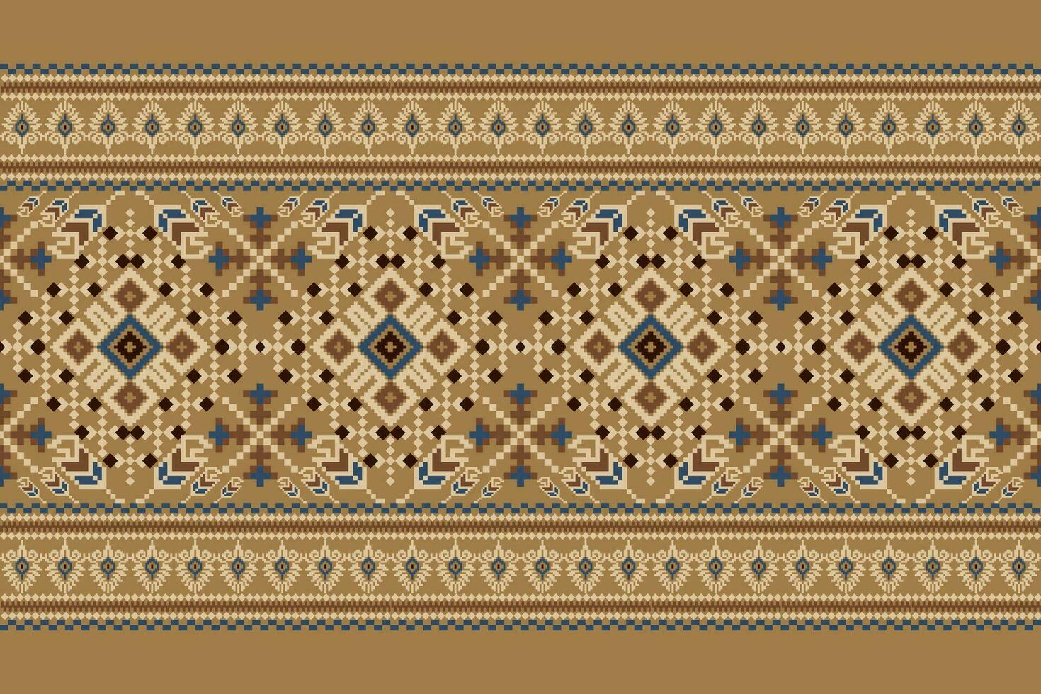 Floral Cross Stitch Embroidery on brown background.geometric ethnic oriental pattern traditional.Aztec style abstract vector illustration.design for texture,fabric,clothing,wrapping,decoration,sarong.