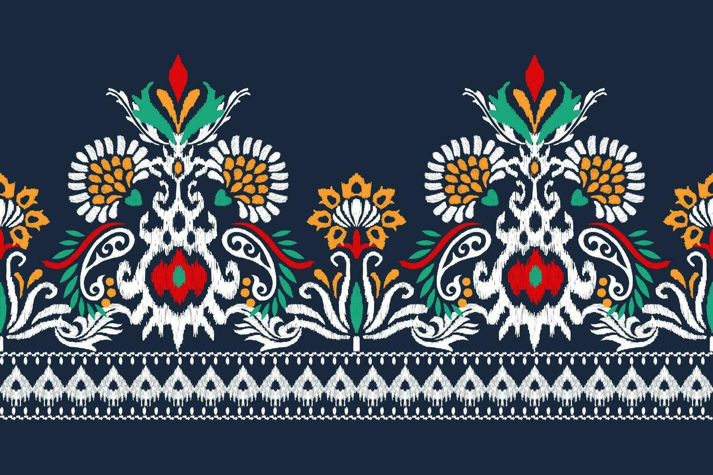 Ikat floral paisley embroidery on navy blue background.Ikat ethnic oriental pattern traditional.Aztec style abstract vector illustration.design for texture,fabric,clothing,wrapping,decoration,sarong.