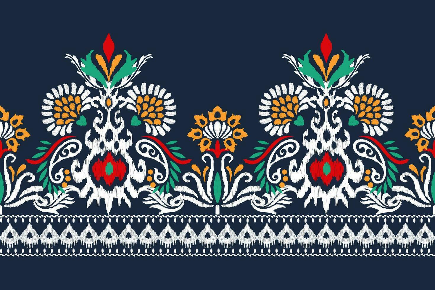 Ikat floral paisley embroidery on navy blue background.Ikat ethnic oriental pattern traditional.Aztec style abstract vector illustration.design for texture,fabric,clothing,wrapping,decoration,sarong.