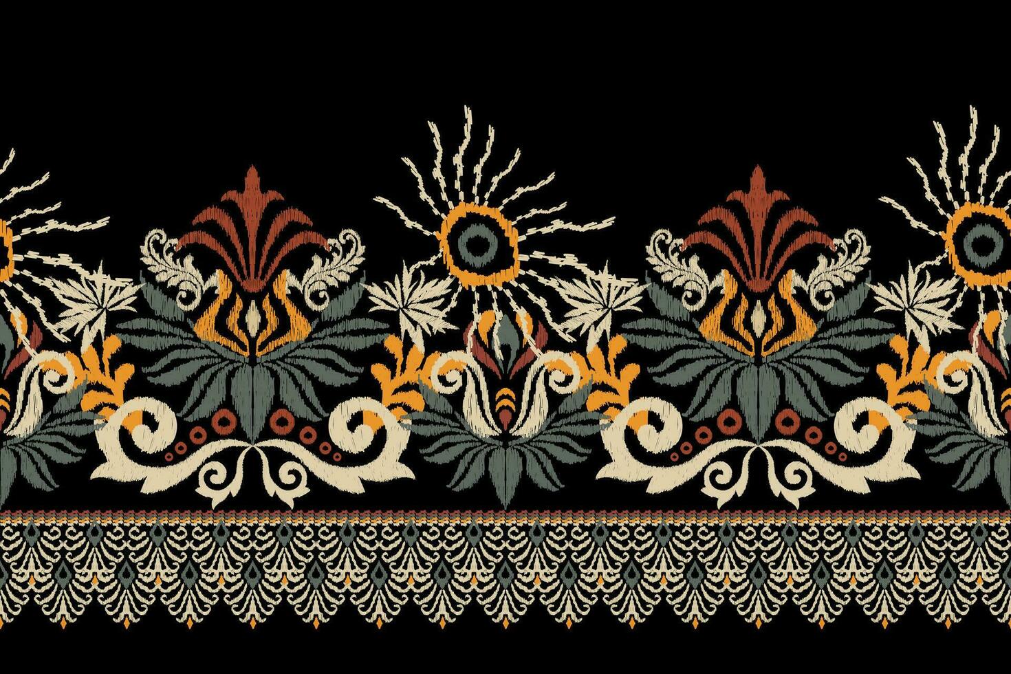 hipster ikat floral cachemir bordado en negro fondo.ikat étnico oriental modelo tradicional.azteca estilo resumen vector ilustración.diseño para textura,tela,ropa,envoltura,decoración.